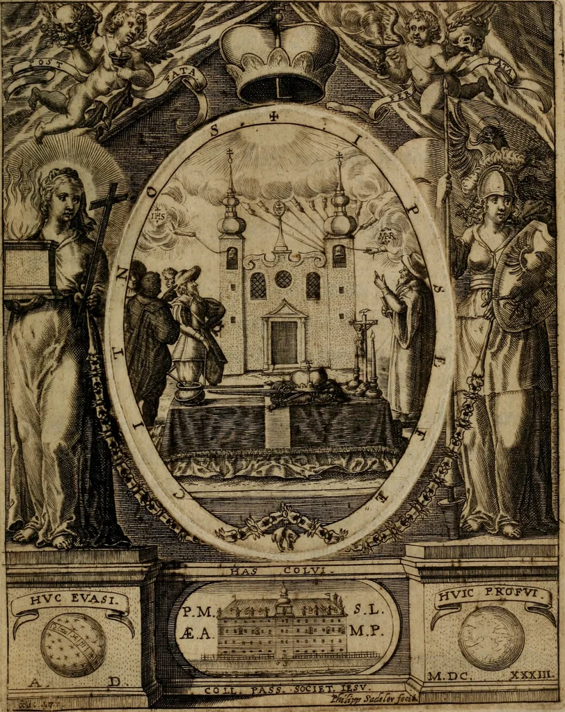 An illustration from Templvm gratiarvm, serenissimi ... : principis ac domini D. Leopoldi, archidvcis Avstriae et comitis Tyrolis &c fvndatoris mvnificentissimi : augustissimi ... caesaris Ferdinandi II., Germani fratris, piis manibvs ... a memoria archidvcalis collegii Passaviensis Societatis Iesv, ipso inferiarum, ac post D. Leopoldi die cum iusta in oratorio pie persolveret ac moestissime parentaret, A.D. MDCXXXII : Summa observantia dicatum dedicatumque, 1633, leaf 58