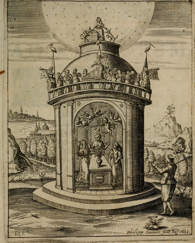 An illustration from Templvm gratiarvm, serenissimi ... : principis ac domini D. Leopoldi, archidvcis Avstriae et comitis Tyrolis &c fvndatoris mvnificentissimi : augustissimi ... caesaris Ferdinandi II., Germani fratris, piis manibvs ... a memoria archidvcalis collegii Passaviensis Societatis Iesv, ipso inferiarum, ac post D. Leopoldi die cum iusta in oratorio pie persolveret ac moestissime parentaret, A.D. MDCXXXII : Summa observantia dicatum dedicatumque, 1633, leaf 6