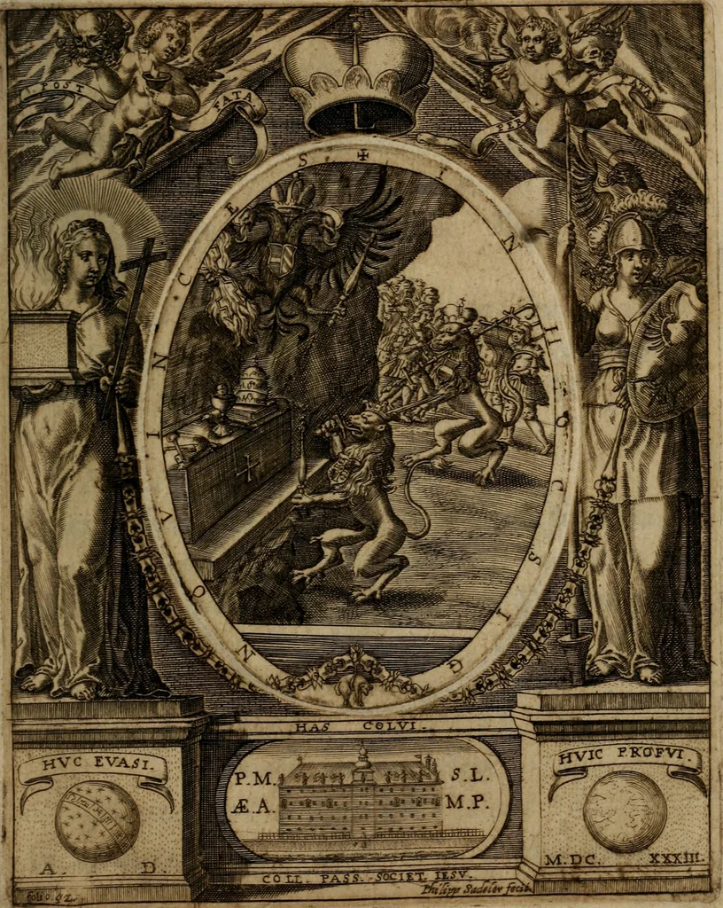 An illustration from Templvm gratiarvm, serenissimi ... : principis ac domini D. Leopoldi, archidvcis Avstriae et comitis Tyrolis &c fvndatoris mvnificentissimi : augustissimi ... caesaris Ferdinandi II., Germani fratris, piis manibvs ... a memoria archidvcalis collegii Passaviensis Societatis Iesv, ipso inferiarum, ac post D. Leopoldi die cum iusta in oratorio pie persolveret ac moestissime parentaret, A.D. MDCXXXII : Summa observantia dicatum dedicatumque, 1633, leaf 64