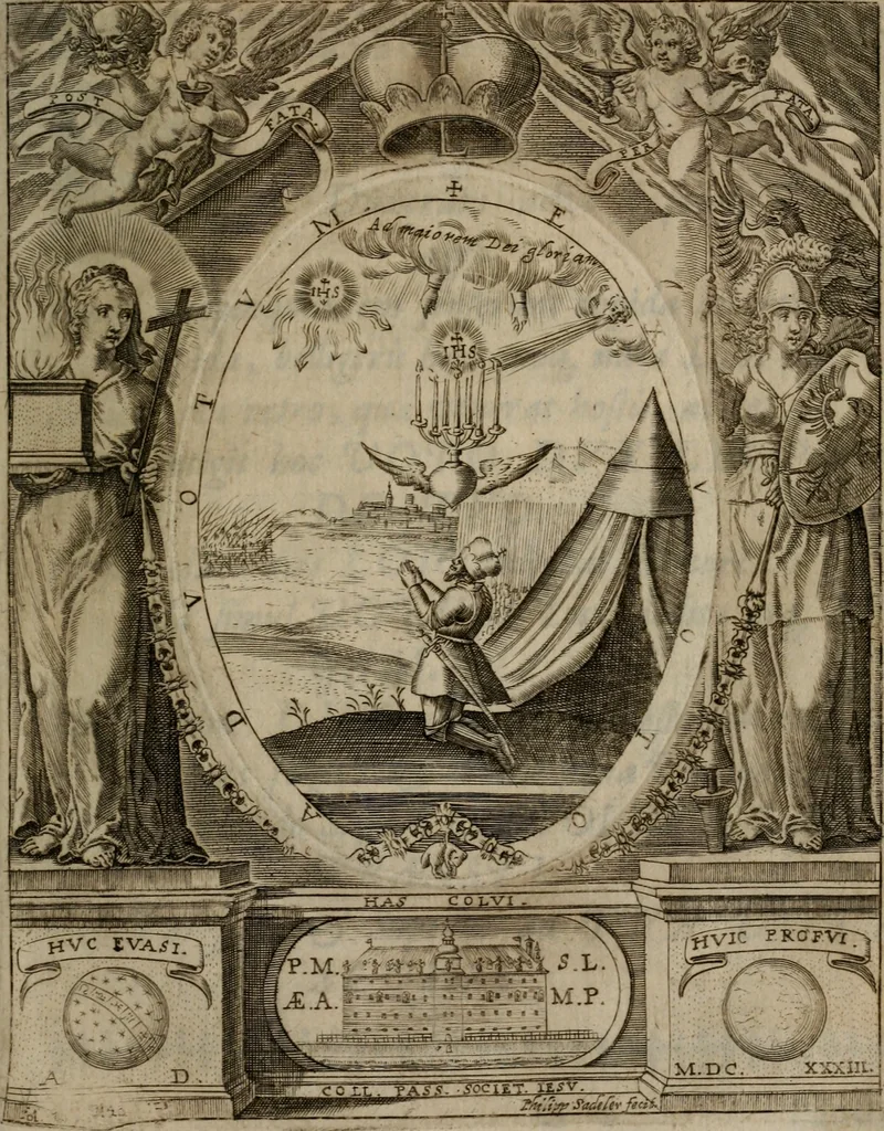 An illustration from Templvm gratiarvm, serenissimi ... : principis ac domini D. Leopoldi, archidvcis Avstriae et comitis Tyrolis &c fvndatoris mvnificentissimi : augustissimi ... caesaris Ferdinandi II., Germani fratris, piis manibvs ... a memoria archidvcalis collegii Passaviensis Societatis Iesv, ipso inferiarum, ac post D. Leopoldi die cum iusta in oratorio pie persolveret ac moestissime parentaret, A.D. MDCXXXII : Summa observantia dicatum dedicatumque, 1633, leaf 70