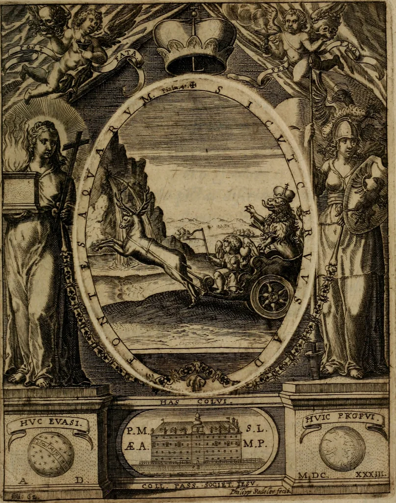An illustration from Templvm gratiarvm, serenissimi ... : principis ac domini D. Leopoldi, archidvcis Avstriae et comitis Tyrolis &c fvndatoris mvnificentissimi : augustissimi ... caesaris Ferdinandi II., Germani fratris, piis manibvs ... a memoria archidvcalis collegii Passaviensis Societatis Iesv, ipso inferiarum, ac post D. Leopoldi die cum iusta in oratorio pie persolveret ac moestissime parentaret, A.D. MDCXXXII : Summa observantia dicatum dedicatumque, 1633, leaf 76