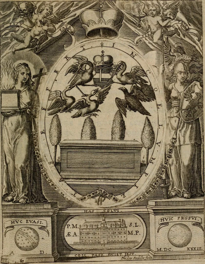 An illustration from Templvm gratiarvm, serenissimi ... : principis ac domini D. Leopoldi, archidvcis Avstriae et comitis Tyrolis &c fvndatoris mvnificentissimi : augustissimi ... caesaris Ferdinandi II., Germani fratris, piis manibvs ... a memoria archidvcalis collegii Passaviensis Societatis Iesv, ipso inferiarum, ac post D. Leopoldi die cum iusta in oratorio pie persolveret ac moestissime parentaret, A.D. MDCXXXII : Summa observantia dicatum dedicatumque, 1633, leaf 82