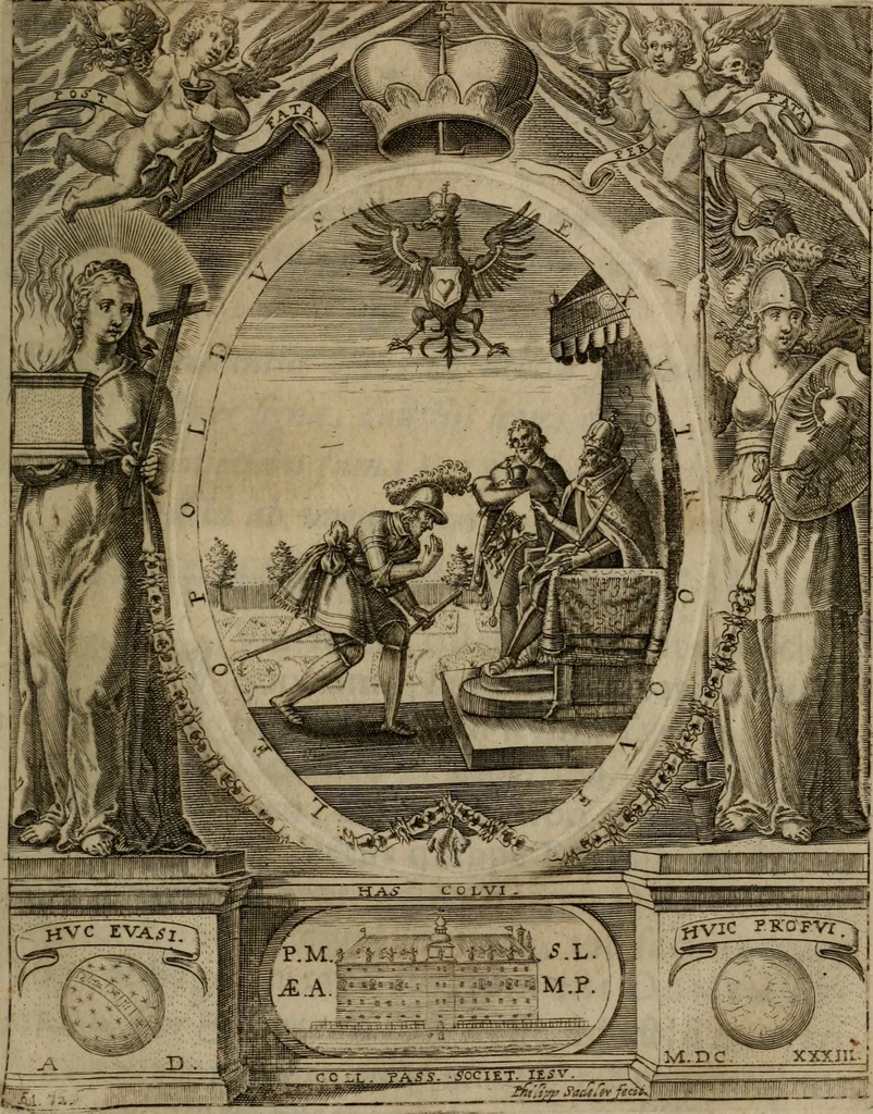 An illustration from Templvm gratiarvm, serenissimi ... : principis ac domini D. Leopoldi, archidvcis Avstriae et comitis Tyrolis &c fvndatoris mvnificentissimi : augustissimi ... caesaris Ferdinandi II., Germani fratris, piis manibvs ... a memoria archidvcalis collegii Passaviensis Societatis Iesv, ipso inferiarum, ac post D. Leopoldi die cum iusta in oratorio pie persolveret ac moestissime parentaret, A.D. MDCXXXII : Summa observantia dicatum dedicatumque, 1633, leaf 88