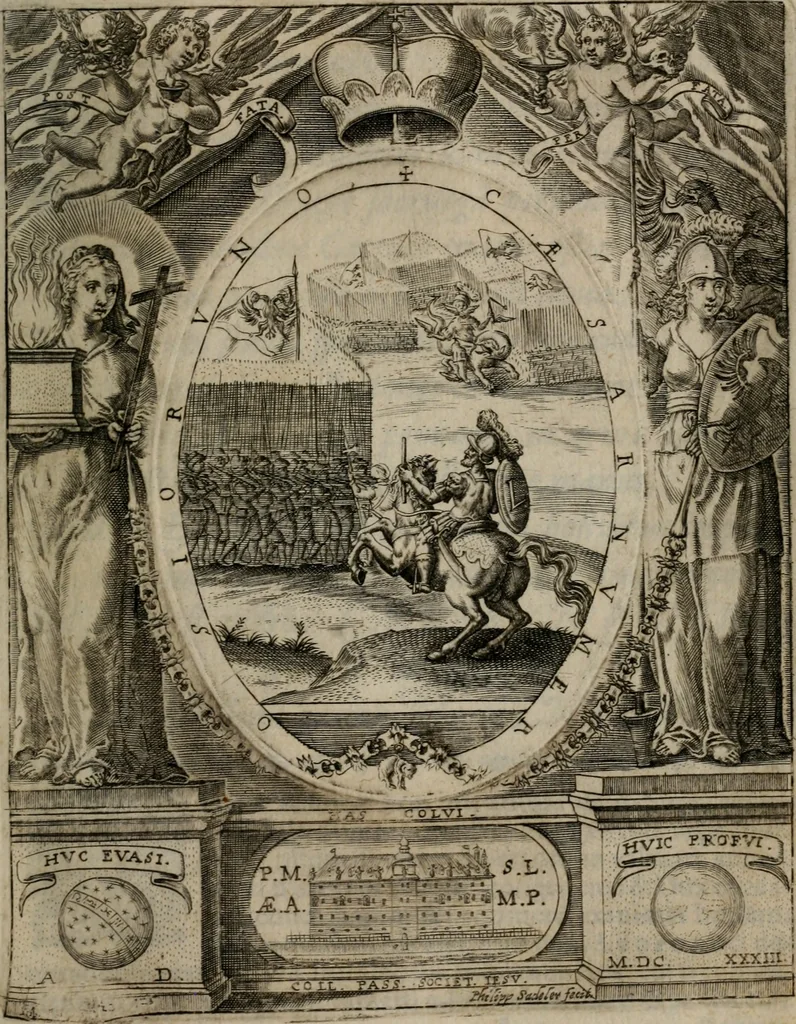 An illustration from Templvm gratiarvm, serenissimi ... : principis ac domini D. Leopoldi, archidvcis Avstriae et comitis Tyrolis &c fvndatoris mvnificentissimi : augustissimi ... caesaris Ferdinandi II., Germani fratris, piis manibvs ... a memoria archidvcalis collegii Passaviensis Societatis Iesv, ipso inferiarum, ac post D. Leopoldi die cum iusta in oratorio pie persolveret ac moestissime parentaret, A.D. MDCXXXII : Summa observantia dicatum dedicatumque, 1633, leaf 94