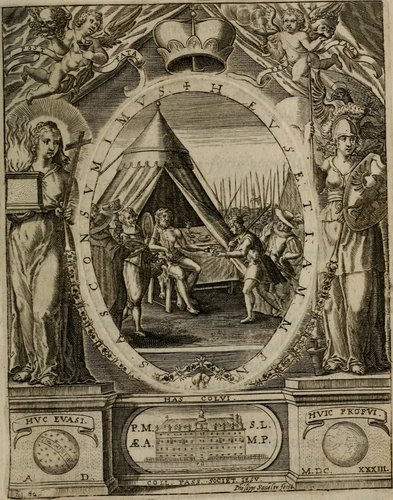 An illustration from Templvm gratiarvm, serenissimi ... : principis ac domini D. Leopoldi, archidvcis Avstriae et comitis Tyrolis &c fvndatoris mvnificentissimi : augustissimi ... caesaris Ferdinandi II., Germani fratris, piis manibvs ... a memoria archidvcalis collegii Passaviensis Societatis Iesv, ipso inferiarum, ac post D. Leopoldi die cum iusta in oratorio pie persolveret ac moestissime parentaret, A.D. MDCXXXII : Summa observantia dicatum dedicatumque, 1633, leaf 98
