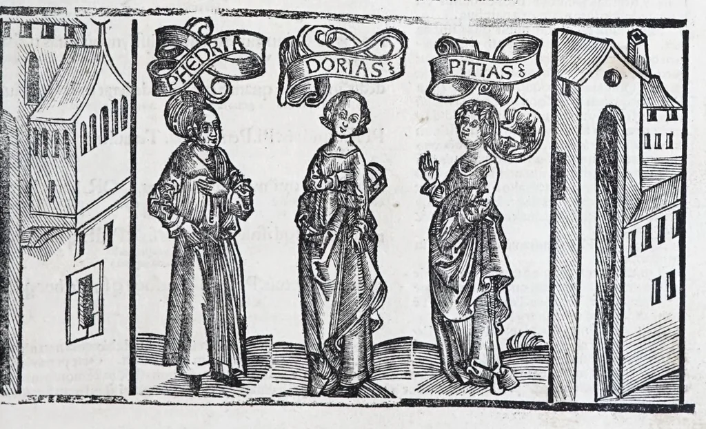An illustration from Terenti[us] : cũ directorio vocabulorũ, sententiarũ, artis comice : glosa ĩterlineali : comẽtarijs Donato, Gvidone, Ascensio, leaf 105