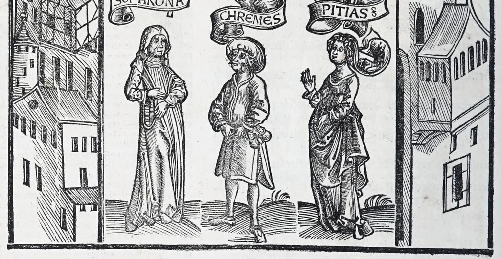 An illustration from Terenti[us] : cũ directorio vocabulorũ, sententiarũ, artis comice : glosa ĩterlineali : comẽtarijs Donato, Gvidone, Ascensio, leaf 122