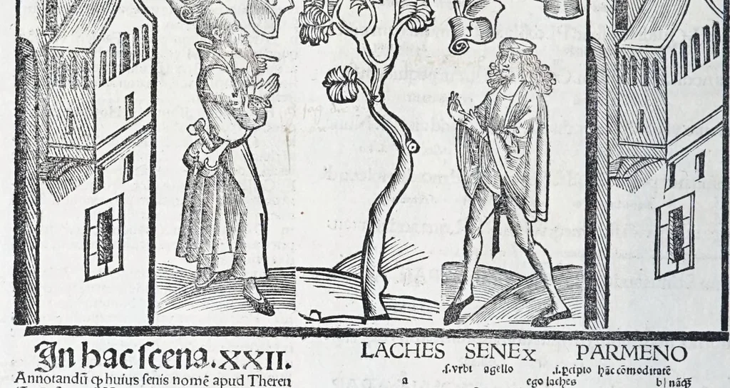 An illustration from Terenti[us] : cũ directorio vocabulorũ, sententiarũ, artis comice : glosa ĩterlineali : comẽtarijs Donato, Gvidone, Ascensio, leaf 126