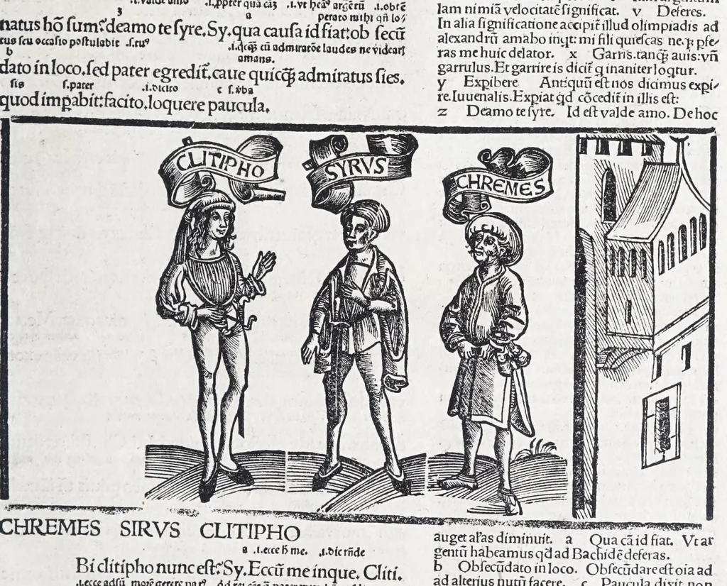 An illustration from Terenti[us] : cũ directorio vocabulorũ, sententiarũ, artis comice : glosa ĩterlineali : comẽtarijs Donato, Gvidone, Ascensio, leaf 173
