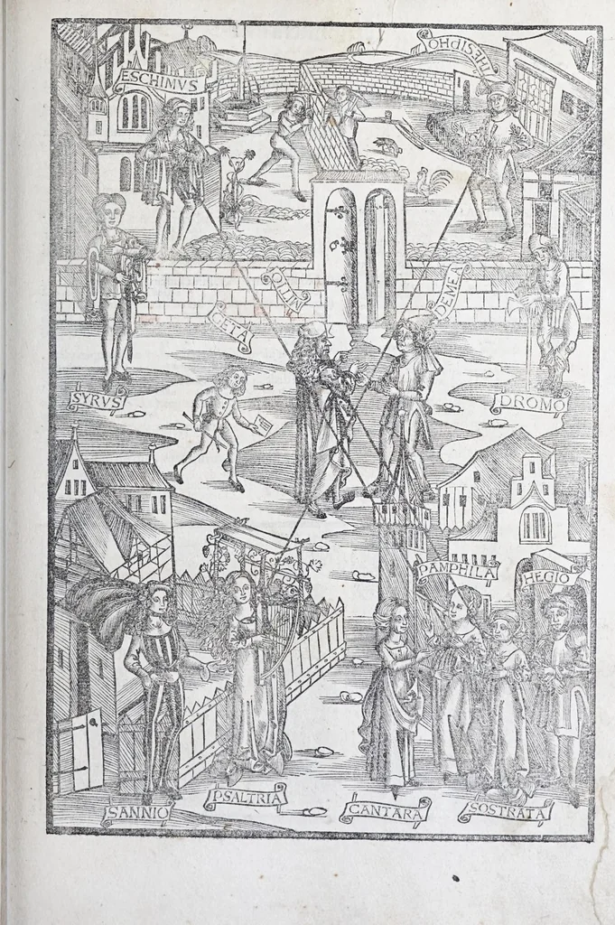 An illustration from Terenti[us] : cũ directorio vocabulorũ, sententiarũ, artis comice : glosa ĩterlineali : comẽtarijs Donato, Gvidone, Ascensio, leaf 185