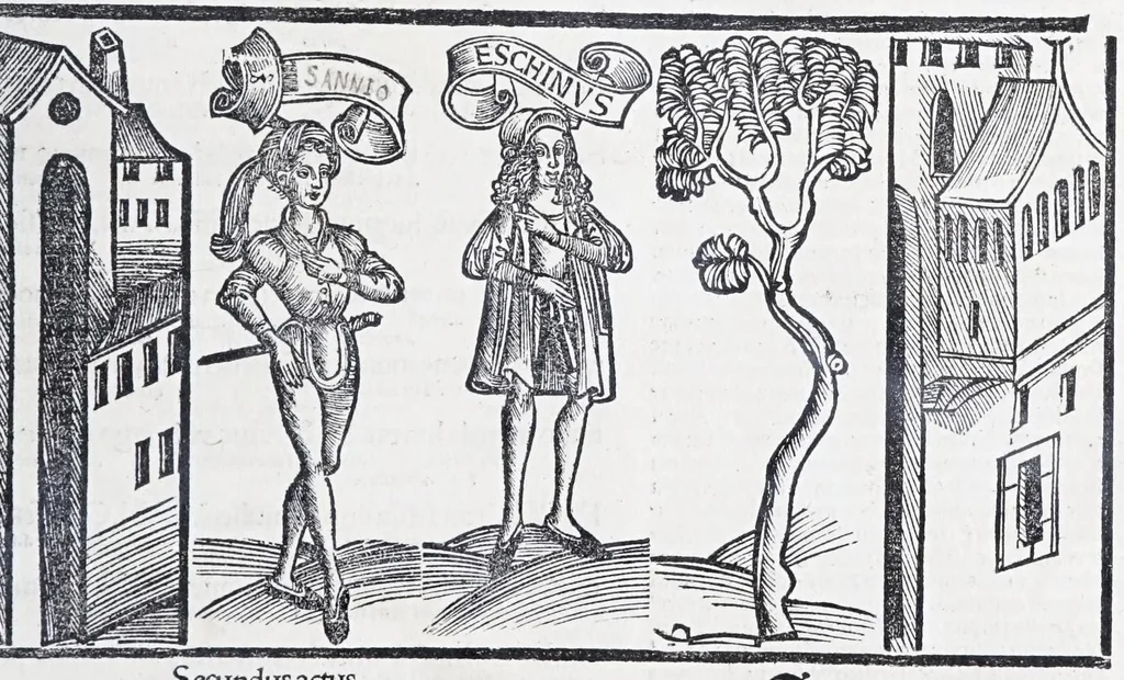 An illustration from Terenti[us] : cũ directorio vocabulorũ, sententiarũ, artis comice : glosa ĩterlineali : comẽtarijs Donato, Gvidone, Ascensio, leaf 193