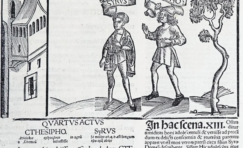 An illustration from Terenti[us] : cũ directorio vocabulorũ, sententiarũ, artis comice : glosa ĩterlineali : comẽtarijs Donato, Gvidone, Ascensio, leaf 215