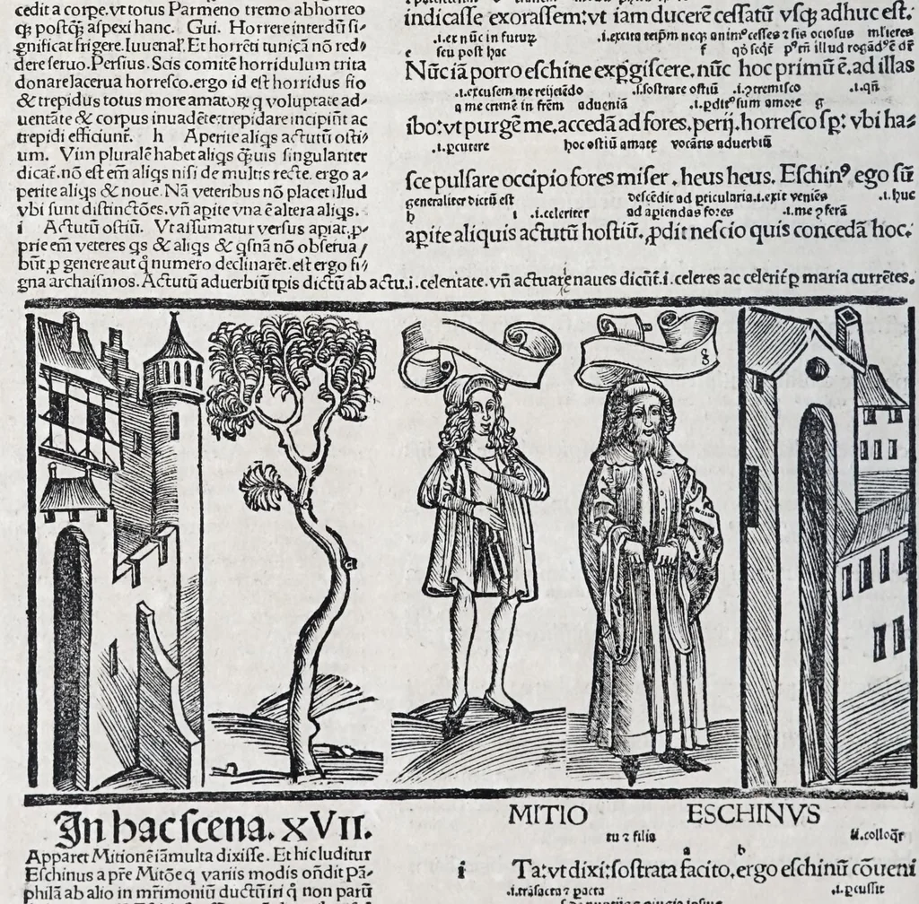 An illustration from Terenti[us] : cũ directorio vocabulorũ, sententiarũ, artis comice : glosa ĩterlineali : comẽtarijs Donato, Gvidone, Ascensio, leaf 222