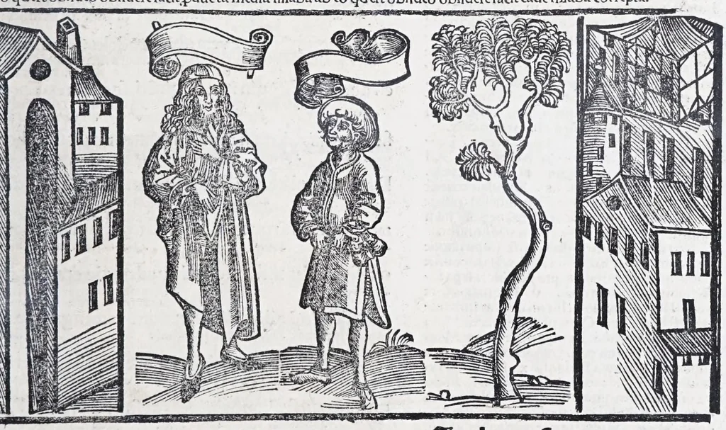 An illustration from Terenti[us] : cũ directorio vocabulorũ, sententiarũ, artis comice : glosa ĩterlineali : comẽtarijs Donato, Gvidone, Ascensio, leaf 227