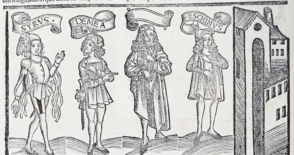An illustration from Terenti[us] : cũ directorio vocabulorũ, sententiarũ, artis comice : glosa ĩterlineali : comẽtarijs Donato, Gvidone, Ascensio, leaf 242