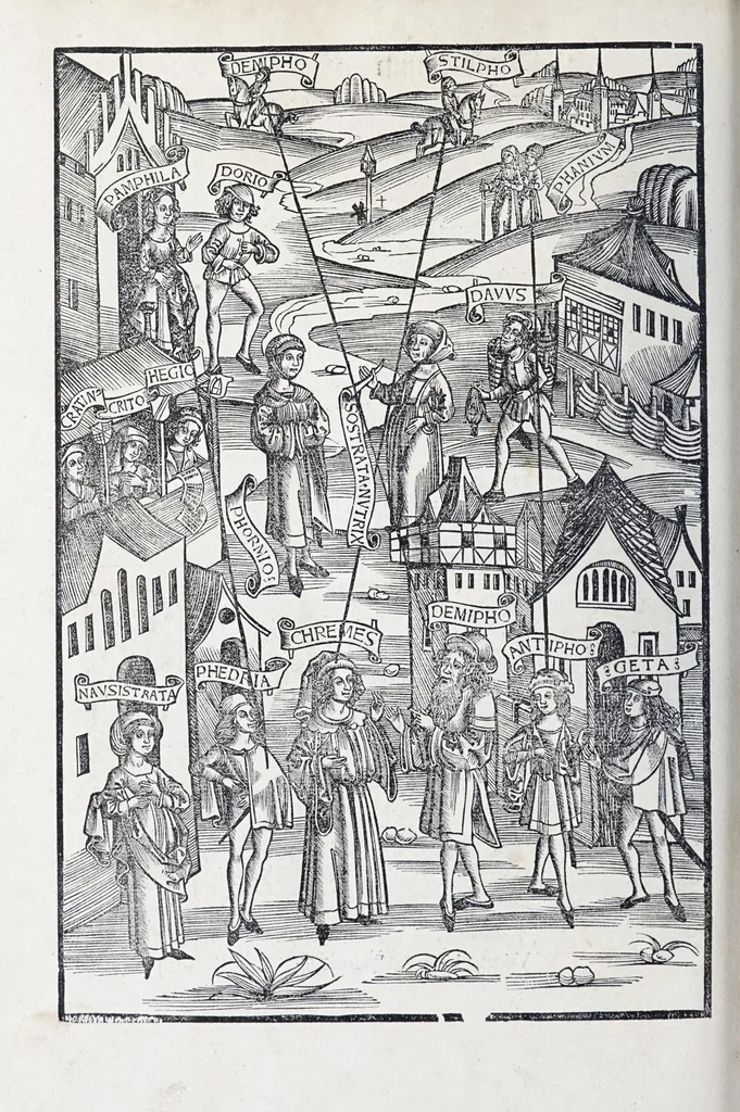 An illustration from Terenti[us] : cũ directorio vocabulorũ, sententiarũ, artis comice : glosa ĩterlineali : comẽtarijs Donato, Gvidone, Ascensio, leaf 246