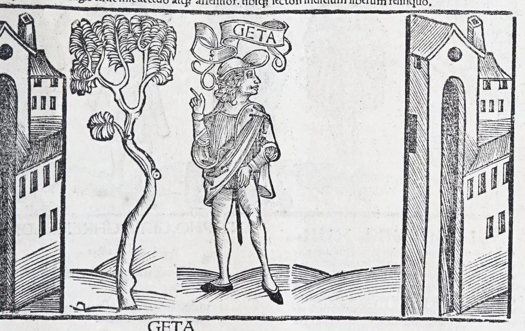 An illustration from Terenti[us] : cũ directorio vocabulorũ, sententiarũ, artis comice : glosa ĩterlineali : comẽtarijs Donato, Gvidone, Ascensio, leaf 283