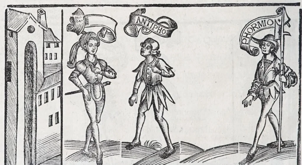 An illustration from Terenti[us] : cũ directorio vocabulorũ, sententiarũ, artis comice : glosa ĩterlineali : comẽtarijs Donato, Gvidone, Ascensio, leaf 296