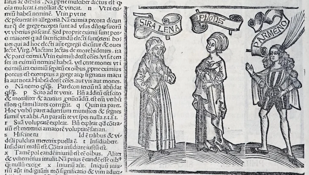 An illustration from Terenti[us] : cũ directorio vocabulorũ, sententiarũ, artis comice : glosa ĩterlineali : comẽtarijs Donato, Gvidone, Ascensio, leaf 312