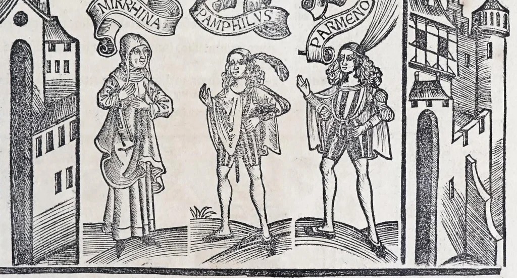 An illustration from Terenti[us] : cũ directorio vocabulorũ, sententiarũ, artis comice : glosa ĩterlineali : comẽtarijs Donato, Gvidone, Ascensio, leaf 325