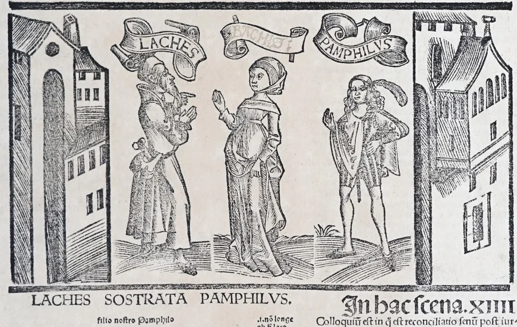 An illustration from Terenti[us] : cũ directorio vocabulorũ, sententiarũ, artis comice : glosa ĩterlineali : comẽtarijs Donato, Gvidone, Ascensio, leaf 343
