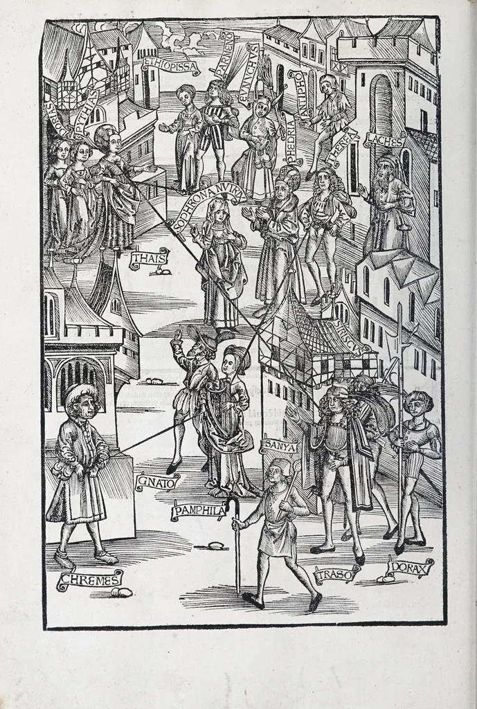 An illustration from Terenti[us] : cũ directorio vocabulorũ, sententiarũ, artis comice : glosa ĩterlineali : comẽtarijs Donato, Gvidone, Ascensio, leaf 72