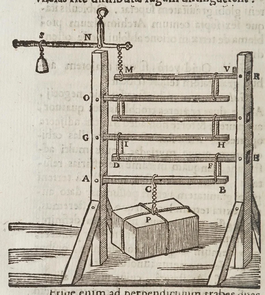 An illustration from Terra machinis mota : dissertationes geometricae, mechanicae, physicae, hydrostaticae : in quibus machinarum coniurgatarum vires inter se comparantur : multiplici noua methodo terrae magnitudo & grauitas inuestigatur : Archimedes terrae motionem spondens ab arrogantiae suspicione vindicatur, 1658, leaf 36