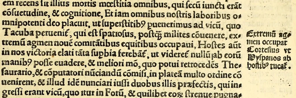 An illustration from Tertia Ferdina[n]di Cortesii Sac. Caesar. et Cath. Maiesta. in nova maris oceani Hyspania generalis præfecti p[rae]clara narratio, : in qua celebris ciuitatis Temixtitan expugnatio, aliaru[m]q[ue] prouintiaru[m], qu[a]e defecerant recuperatio continetur, in quaru[m] expugnatione, recuperatione q[ue] præfectus, una cum Hyspanis victorias æterna memoria dignas consequutus est, pr[a]eterea in ea Mare del Sur Cortesium detexisse rece[n]set[er], quod nos Australe Indicu[m] Pelagus putam[us], [et] alias innumeras prouintias aurifodinis, unionibus, variisq[ue] Gemmarum generibus refertas, et postremo illis innotuisse in eis quoq[ue] aromata contineri,, 1524, leaf 81