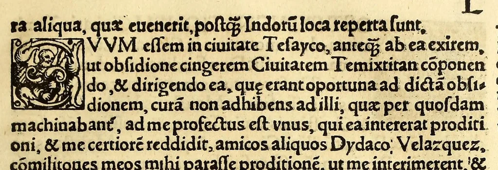 An illustration from Tertia Ferdina[n]di Cortesii Sac. Caesar. et Cath. Maiesta. in nova maris oceani Hyspania generalis præfecti p[rae]clara narratio, : in qua celebris ciuitatis Temixtitan expugnatio, aliaru[m]q[ue] prouintiaru[m], qu[a]e defecerant recuperatio continetur, in quaru[m] expugnatione, recuperatione q[ue] præfectus, una cum Hyspanis victorias æterna memoria dignas consequutus est, pr[a]eterea in ea Mare del Sur Cortesium detexisse rece[n]set[er], quod nos Australe Indicu[m] Pelagus putam[us], [et] alias innumeras prouintias aurifodinis, unionibus, variisq[ue] Gemmarum generibus refertas, et postremo illis innotuisse in eis quoq[ue] aromata contineri,, 1524, leaf 113
