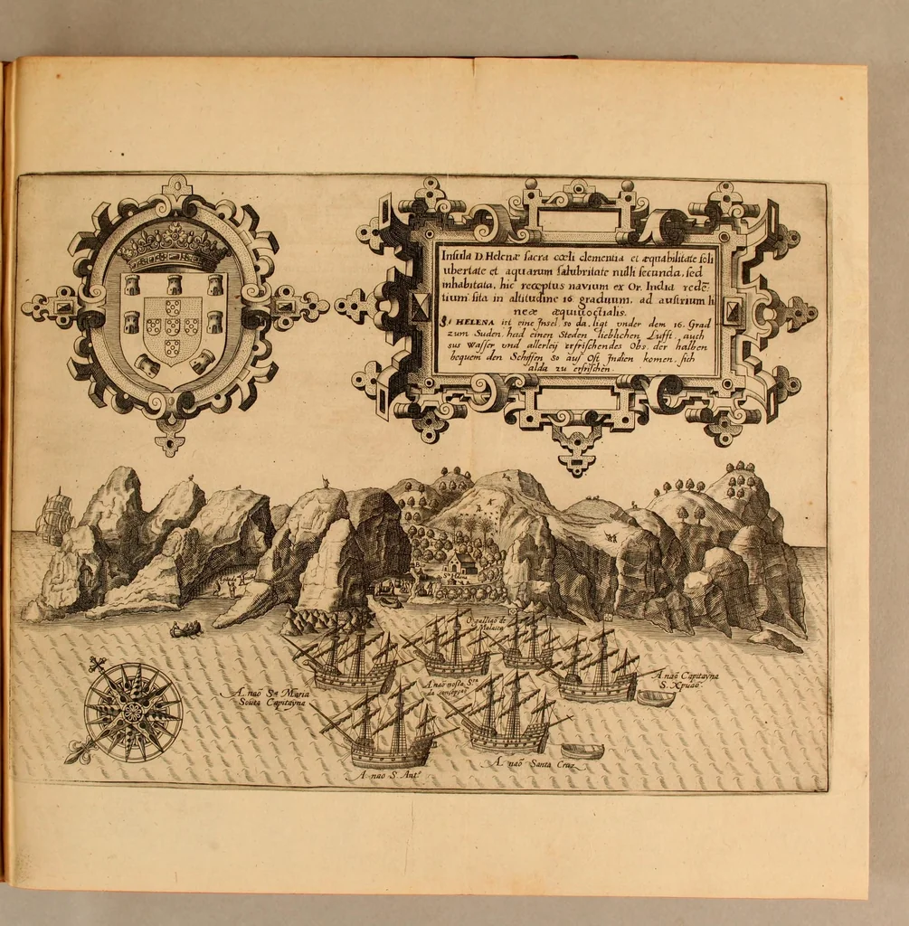An illustration from Tertia pars Indiae Orientalis: qua continentur I. Secunda pars nauigationum à Ioanne Hugone Lintschotano Hollando in Orientem susceptarum; & maximè situs illarum regionum, & in his insularum, fluminum, riparum, portuum, &c. tum in transitu, tum ipsa India sitorum: vbi iuxta etiam vniuersa, quae autor illic, & postea in reditu versus Hollandiam vidit & notauit, diligenter designantur. : II. Nauigatio Hollandorum in insulas Orientales, Iavan & Sumatram: vbi pariter de moribus, vita, & religione incolarum quaedam haud iniucunda traduntur. III. Tres nauigationes Hollandorum in modò dictam Indiam per septentrionalem seu glacialem oceanum, vbi mira quaedam & stupenda denarrantur., 1601, leaf 153