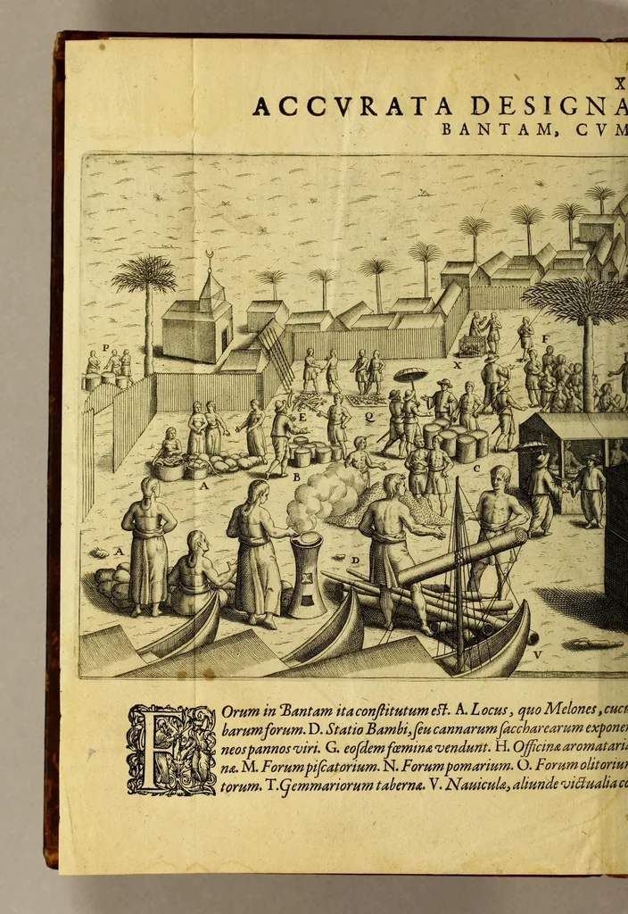 An illustration from Tertia pars Indiae Orientalis: qua continentur I. Secunda pars nauigationum à Ioanne Hugone Lintschotano Hollando in Orientem susceptarum; & maximè situs illarum regionum, & in his insularum, fluminum, riparum, portuum, &c. tum in transitu, tum ipsa India sitorum: vbi iuxta etiam vniuersa, quae autor illic, & postea in reditu versus Hollandiam vidit & notauit, diligenter designantur. : II. Nauigatio Hollandorum in insulas Orientales, Iavan & Sumatram: vbi pariter de moribus, vita, & religione incolarum quaedam haud iniucunda traduntur. III. Tres nauigationes Hollandorum in modò dictam Indiam per septentrionalem seu glacialem oceanum, vbi mira quaedam & stupenda denarrantur., 1601, leaf 262