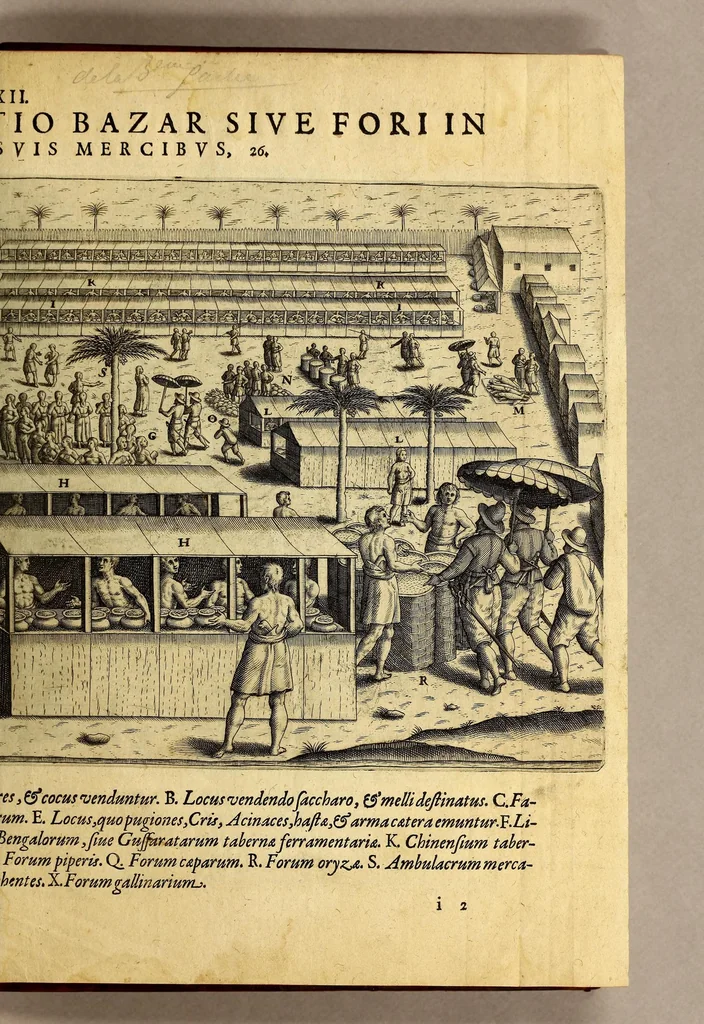 An illustration from Tertia pars Indiae Orientalis: qua continentur I. Secunda pars nauigationum à Ioanne Hugone Lintschotano Hollando in Orientem susceptarum; & maximè situs illarum regionum, & in his insularum, fluminum, riparum, portuum, &c. tum in transitu, tum ipsa India sitorum: vbi iuxta etiam vniuersa, quae autor illic, & postea in reditu versus Hollandiam vidit & notauit, diligenter designantur. : II. Nauigatio Hollandorum in insulas Orientales, Iavan & Sumatram: vbi pariter de moribus, vita, & religione incolarum quaedam haud iniucunda traduntur. III. Tres nauigationes Hollandorum in modò dictam Indiam per septentrionalem seu glacialem oceanum, vbi mira quaedam & stupenda denarrantur., 1601, leaf 263