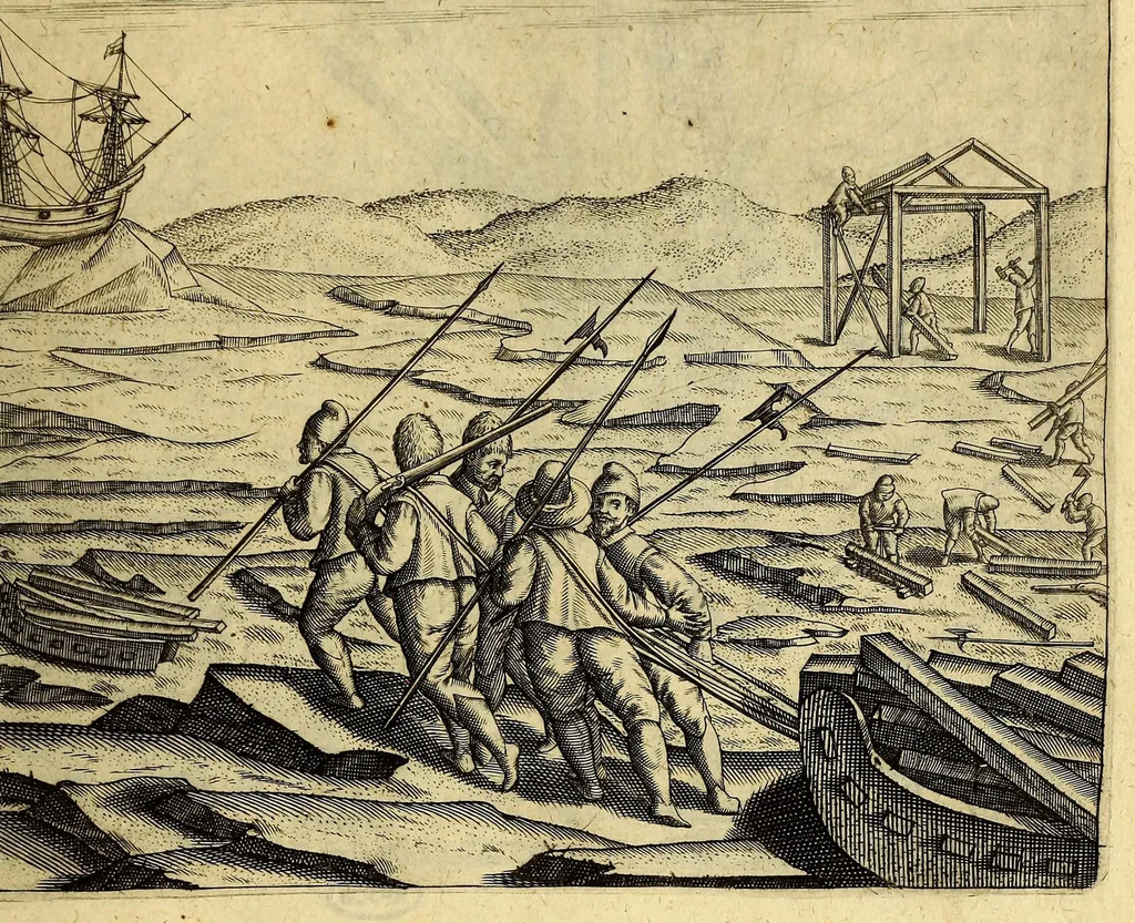 An illustration from Tertia pars Indiae Orientalis: qua continentur I. Secunda pars nauigationum à Ioanne Hugone Lintschotano Hollando in Orientem susceptarum; & maximè situs illarum regionum, & in his insularum, fluminum, riparum, portuum, &c. tum in transitu, tum ipsa India sitorum: vbi iuxta etiam vniuersa, quae autor illic, & postea in reditu versus Hollandiam vidit & notauit, diligenter designantur. : II. Nauigatio Hollandorum in insulas Orientales, Iauan & Sumatram: vbi pariter de morbius, vita, & religione incolarum quaedam haud iniucunda traduntur. III. Tres nauigationes Hollandorum in modò dictam Indiam per septentrionalem seu glacialem oceanum, vbi mira quaedam & stupenda denarrantur., 1601, leaf 307