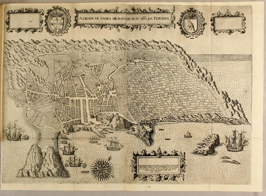 An illustration from Tertia pars Indiae Orientalis: qua continentur I. Secunda pars nauigationum à Ioanne Hugone Lintschotano Hollando in Orientem susceptarum; & maximè situs illarum regionum, & in his insularum, fluminum, riparum, portuum, &c. tum in transitu, tum ipsa India sitorum: vbi iuxta etiam vniuersa, quae autor illic, & postea in reditu versus Hollandiam vidit & notauit, diligenter designantur. : II. Nauigatio Hollandorum in insulas Orientales, Iauan & Sumatram: vbi pariter de morbius, vita, & religione incolarum quaedam haud iniucunda traduntur. III. Tres nauigationes Hollandorum in modò dictam Indiam per septentrionalem seu glacialem oceanum, vbi mira quaedam & stupenda denarrantur., 1601, leaf 61