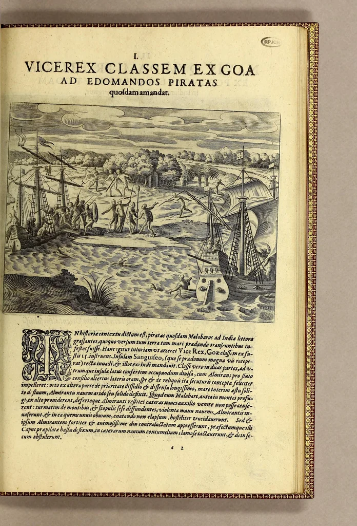An illustration from Tertia pars Indiae Orientalis: qua continentur I. Secunda pars nauigationum à Ioanne Hugone Lintschotano Hollando in Orientem susceptarum; & maximè situs illarum regionum, & in his insulàrum, fluminum, riparum, portuum, &c. tum in transitu, tum ipsa India sitorum: vbi iuxta etiam vniuersa, quae autor illic, & postea in reditu versus Hollandiam vidit & notauit, diligenter designantur. : II. Nauigatio Hollandorum in insulas Orientales, Iauan & Svmatram: vbi pariter de morbius, vita, & religione incolarum quaedam haud iniucunda traduntur. III. Tres nauigationes Hollandorum in modo dictam Indiam per septentrionalem seu glacialem oceanum, vbi mira quaedam & stupenda denarrantur. Quibus iam de nouo accesserunt aliae de anno M.D.XVIII. vsq[ue] M.D.C.XXIX. historiae memorabiles, & notatu dignissimae., 1629, leaf 167