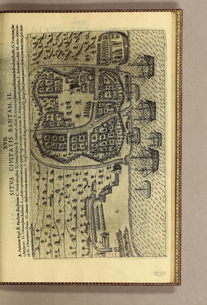 An illustration from Tertia pars Indiae Orientalis: qua continentur I. Secunda pars nauigationum à Ioanne Hugone Lintschotano Hollando in Orientem susceptarum; & maximè situs illarum regionum, & in his insulàrum, fluminum, riparum, portuum, &c. tum in transitu, tum ipsa India sitorum: vbi iuxta etiam vniuersa, quae autor illic, & postea in reditu versus Hollandiam vidit & notauit, diligenter designantur. : II. Nauigatio Hollandorum in insulas Orientales, Iauan & Svmatram: vbi pariter de morbius, vita, & religione incolarum quaedam haud iniucunda traduntur. III. Tres nauigationes Hollandorum in modo dictam Indiam per septentrionalem seu glacialem oceanum, vbi mira quaedam & stupenda denarrantur. Quibus iam de nouo accesserunt aliae de anno M.D.XVIII. vsq[ue] M.D.C.XXIX. historiae memorabiles, & notatu dignissimae., 1629, leaf 183
