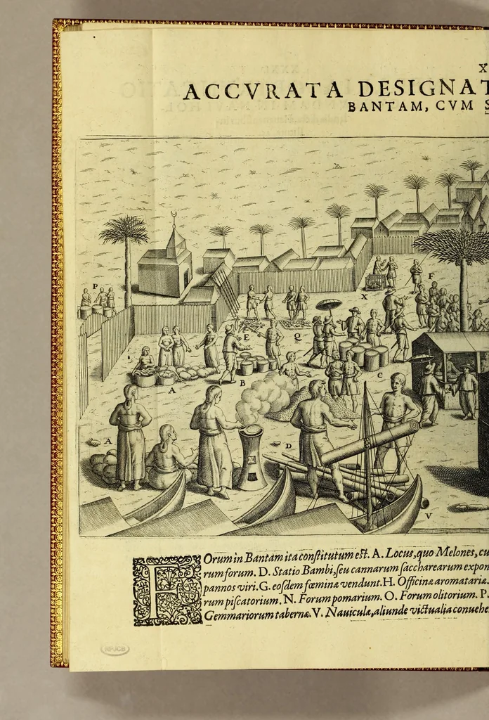 An illustration from Tertia pars Indiae Orientalis: qua continentur I. Secunda pars nauigationum à Ioanne Hugone Lintschotano Hollando in Orientem susceptarum; & maximè situs illarum regionum, & in his insulàrum, fluminum, riparum, portuum, &c. tum in transitu, tum ipsa India sitorum: vbi iuxta etiam vniuersa, quae autor illic, & postea in reditu versus Hollandiam vidit & notauit, diligenter designantur. : II. Nauigatio Hollandorum in insulas Orientales, Iauan & Svmatram: vbi pariter de morbius, vita, & religione incolarum quaedam haud iniucunda traduntur. III. Tres nauigationes Hollandorum in modo dictam Indiam per septentrionalem seu glacialem oceanum, vbi mira quaedam & stupenda denarrantur. Quibus iam de nouo accesserunt aliae de anno M.D.XVIII. vsq[ue] M.D.C.XXIX. historiae memorabiles, & notatu dignissimae., 1629, leaf 198