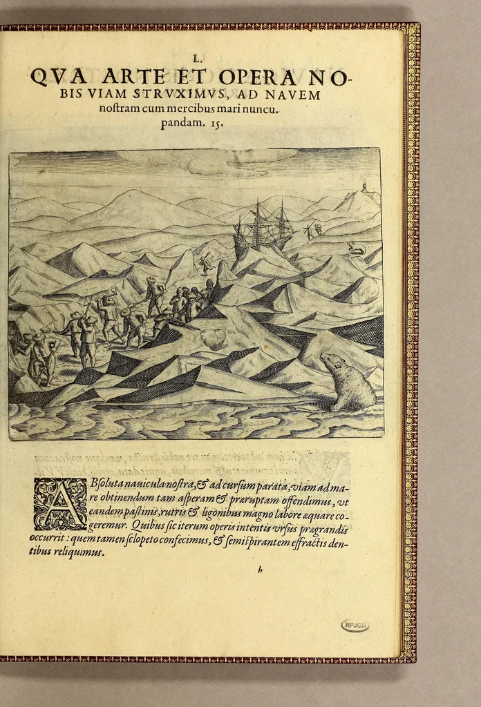 An illustration from Tertia pars Indiae Orientalis: qua continentur I. Secunda pars nauigationum à Ioanne Hugone Lintschotano Hollando in Orientem susceptarum; & maximè situs illarum regionum, & in his insulàrum, fluminum, riparum, portuum, &c. tum in transitu, tum ipsa India sitorum: vbi iuxta etiam vniuersa, quae autor illic, & postea in reditu versus Hollandiam vidit & notauit, diligenter designantur. : II. Nauigatio Hollandorum in insulas Orientales, Iauan & Svmatram: vbi pariter de morbius, vita, & religione incolarum quaedam haud iniucunda traduntur. III. Tres nauigationes Hollandorum in modo dictam Indiam per septentrionalem seu glacialem oceanum, vbi mira quaedam & stupenda denarrantur. Quibus iam de nouo accesserunt aliae de anno M.D.XVIII. vsq[ue] M.D.C.XXIX. historiae memorabiles, & notatu dignissimae., 1629, leaf 215