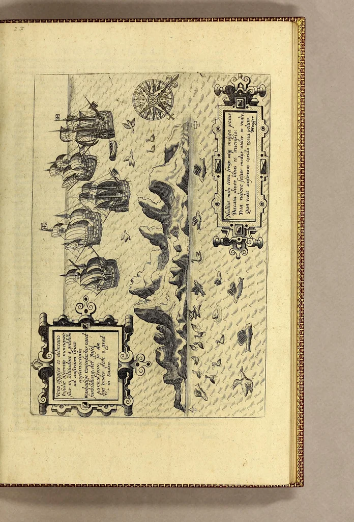 An illustration from Tertia pars Indiae Orientalis: qua continentur I. Secunda pars nauigationum à Ioanne Hugone Lintschotano Hollando in Orientem susceptarum; & maximè situs illarum regionum, & in his insulàrum, fluminum, riparum, portuum, &c. tum in transitu, tum ipsa India sitorum: vbi iuxta etiam vniuersa, quae autor illic, & postea in reditu versus Hollandiam vidit & notauit, diligenter designantur. : II. Nauigatio Hollandorum in insulas Orientales, Iauan & Svmatram: vbi pariter de morbius, vita, & religione incolarum quaedam haud iniucunda traduntur. III. Tres nauigationes Hollandorum in modo dictam Indiam per septentrionalem seu glacialem oceanum, vbi mira quaedam & stupenda denarrantur. Quibus iam de nouo accesserunt aliae de anno M.D.XVIII. vsq[ue] M.D.C.XXIX. historiae memorabiles, & notatu dignissimae., 1629, leaf 41