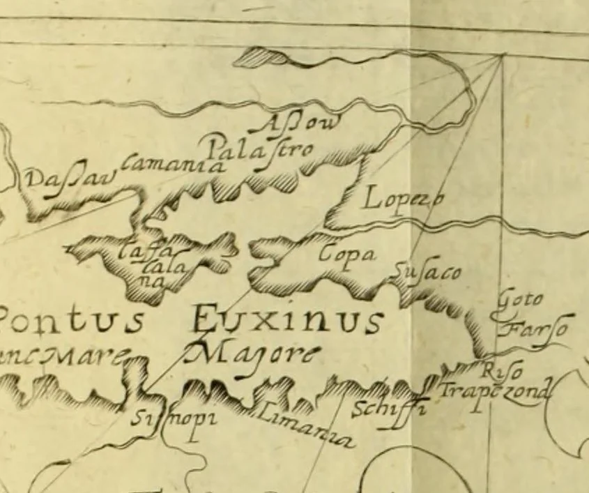 An illustration from Tertia pars Indiae Orientalis: qua continentur I. Secunda pars nauigationum à Ioanne Hugone Lintschotano Hollando in Orientem susceptarum; & maximè situs illarum regionum, & in his insulàrum, fluminum, riparum, portuum, &c. tum in transitu, tum ipsa India sitorum: vbi iuxta etiam vniuersa, quae autor illic, & postea in reditu versus Hollandiam vidit & notauit, diligenter designantur. : II. Nauigatio Hollandorum in insulas Orientales, Iauan & Svmatram: vbi pariter de morbius, vita, & religione incolarum quaedam haud iniucunda traduntur. III. Tres nauigationes Hollandorum in modo dictam Indiam per septentrionalem seu glacialem oceanum, vbi mira quaedam & stupenda denarrantur. Quibus iam de nouo accesserunt aliae de anno M.D.XVIII. vsq[ue] M.D.C.XXIX. historiae memorabiles, & notatu dignissimae., 1629, leaf 64