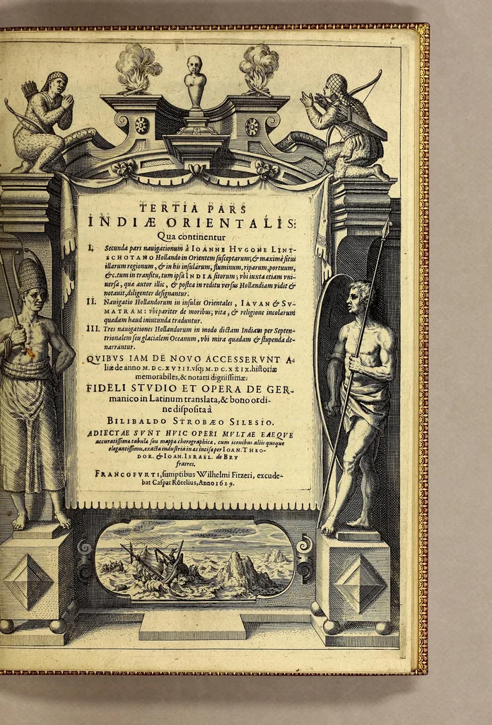 An illustration from Tertia pars Indiae Orientalis: qua continentur I. Secunda pars nauigationum à Ioanne Hugone Lintschotano Hollando in Orientem susceptarum; & maximè situs illarum regionum, & in his insulàrum, fluminum, riparum, portuum, &c. tum in transitu, tum ipsa India sitorum: vbi iuxta etiam vniuersa, quae autor illic, & postea in reditu versus Hollandiam vidit & notauit, diligenter designantur. : II. Nauigatio Hollandorum in insulas Orientales, Iauan & Svmatram: vbi pariter de morbius, vita, & religione incolarum quaedam haud iniucunda traduntur. III. Tres nauigationes Hollandorum in modo dictam Indiam per septentrionalem seu glacialem oceanum, vbi mira quaedam & stupenda denarrantur. Quibus iam de nouo accesserunt aliae de anno M.D.XVIII. vsq[ue] M.D.C.XXIX. historiae memorabiles, & notatu dignissimae., 1629, leaf 7