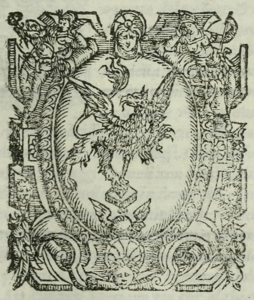 An illustration from Tesoro precioso de' milanesi, nel quale si raccontano tutte l'opere di carità christiana, e limosine, che si fanno nella città di Milano : da gli hospitali, case pie, monasteri, & altri luoghi, col numero delle scole, collegi, e letture, che mostrano senza premio, con vn discorso vtilissimo in lode de gl' huomini limosinieri, degno da sapersi da ogni qualità di persone, 1599, leaf 5
