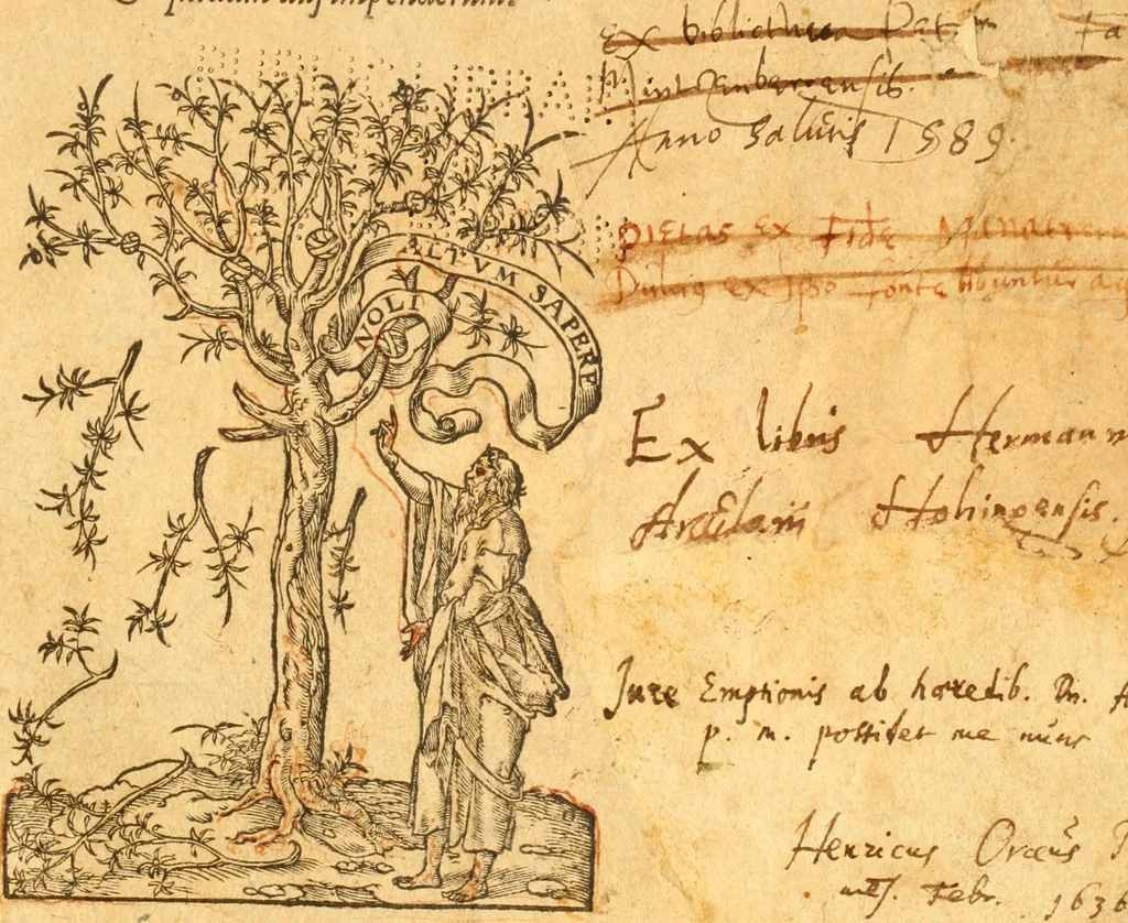 An illustration from Testamentvm Novvm : sive nouum foedus Iesu Christi, D.N. Cuius Graeco contextui respondent interpretationes duae: vna, vetus altera, Theodori Bezae, nunc quartò diligenter ab eo recognita. Eiusdem annotationes, quas itidem hac quarta edit. accuratè recognouit, & accessione non parua locupletauit: Vt docebunt asterisci margini appositi, necnon eius ad lectorem epistolium. Haec quarta editio, propter accessiones non paucas, duos indices nouos habet: quorum prior priori parti, posterior posteriori subiunctus est. Seorsvm edetvr recensio earundem in diuersis Noui Testamenti locis vocum (vulgò concordantiae Novi Testamenti) cui etiam operam multum lectori profuturam idem Theodorus Beza & quidam alij impenderunt, 1588, leaf 8