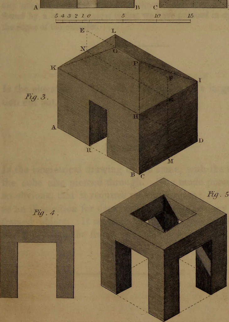 An illustration from A text book of geometrical drawing : abridged from the octavo edition : for the use of schools in which the definitions and rules of geometry are familiarly explained, the practical problems are arranged from the most simple to the more complex, and in their description technicalities are avoided as much as possible : with an introduction to isometrical drawing : and an essay on linear perspective and shadows ..., 1849, leaf 162