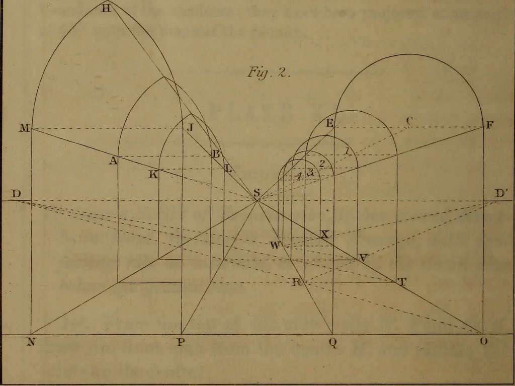 An illustration from A text book of geometrical drawing : abridged from the octavo edition : for the use of schools in which the definitions and rules of geometry are familiarly explained, the practical problems are arranged from the most simple to the more complex, and in their description technicalities are avoided as much as possible : with an introduction to isometrical drawing : and an essay on linear perspective and shadows ..., 1849, leaf 205