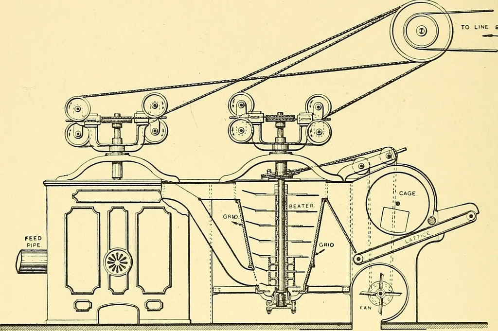 An illustration from The textile industries : a practical guide to fibres, yarns & fabrics in every branch of textile manufacture, including preparation of fibres, spinning, doubling, designing, weaving, bleaching, printing, dyeing and finishing, 1910, leaf 221