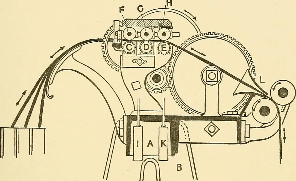 An illustration from The textile industries : a practical guide to fibres, yarns & fabrics in every branch of textile manufacture, including preparation of fibres, spinning, doubling, designing, weaving, bleaching, printing, dyeing and finishing, 1910, leaf 186