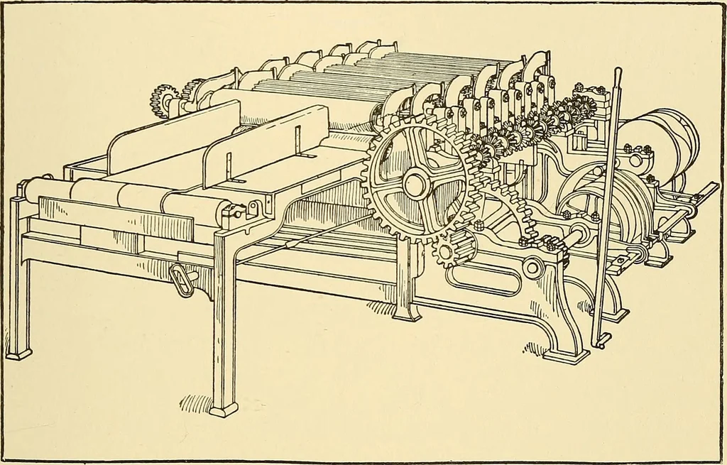 An illustration from The textile industries : a practical guide to fibres, yarns & fabrics in every branch of textile manufacture, including preparation of fibres, spinning, doubling, designing, weaving, bleaching, printing, dyeing and finishing, 1910, leaf 38