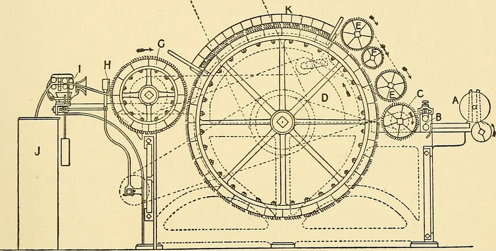 An illustration from The textile industries : a practical guide to fibres, yarns & fabrics in every branch of textile manufacture, including preparation of fibres, spinning, doubling, designing, weaving, bleaching, printing, dyeing and finishing, 1910, leaf 72