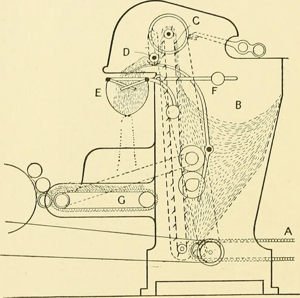 An illustration from The textile industries : a practical guide to fibres, yarns & fabrics in every branch of textile manufacture, including preparation of fibres, spinning, doubling, designing, weaving, bleaching, printing, dyeing and finishing, 1910, leaf 95